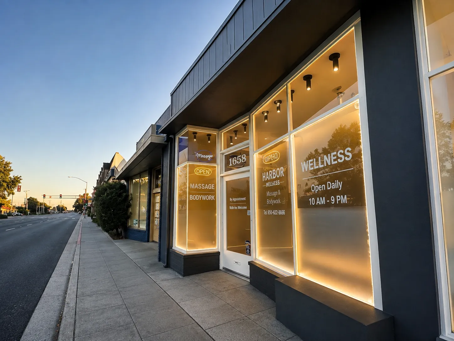 Harbor Wellness Massage storefront at dusk on El Camino Real, San Carlos