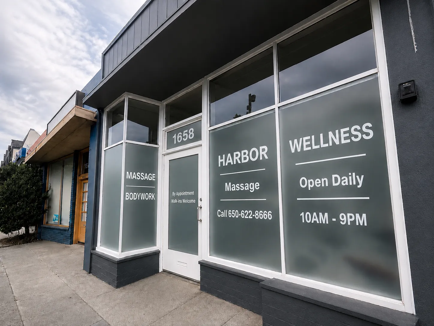 Harbor Wellness Massage storefront in daylight at 1658 El Camino Real, San Carlos