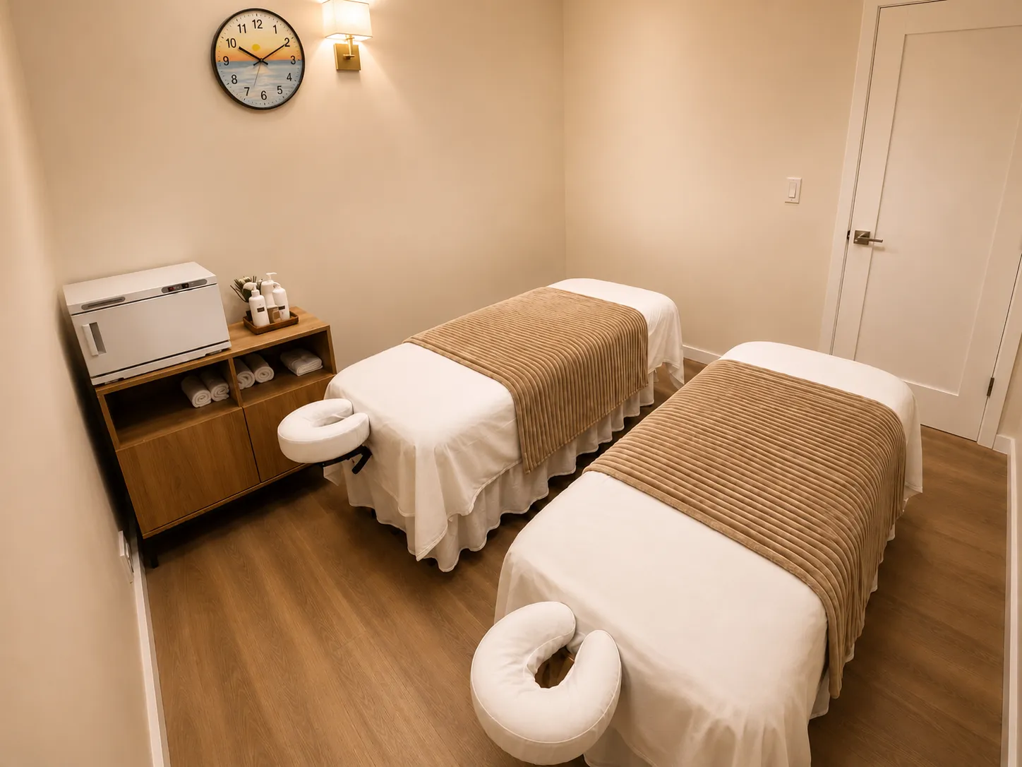 Couples treatment room at Harbor Wellness Massage in San Carlos, two tables turned down side by side