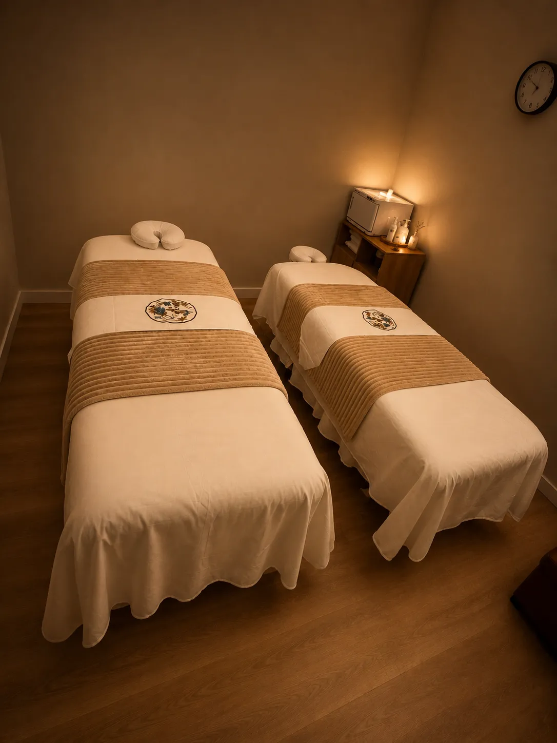 Candle-lit twin treatment room at Harbor Wellness Massage in San Carlos