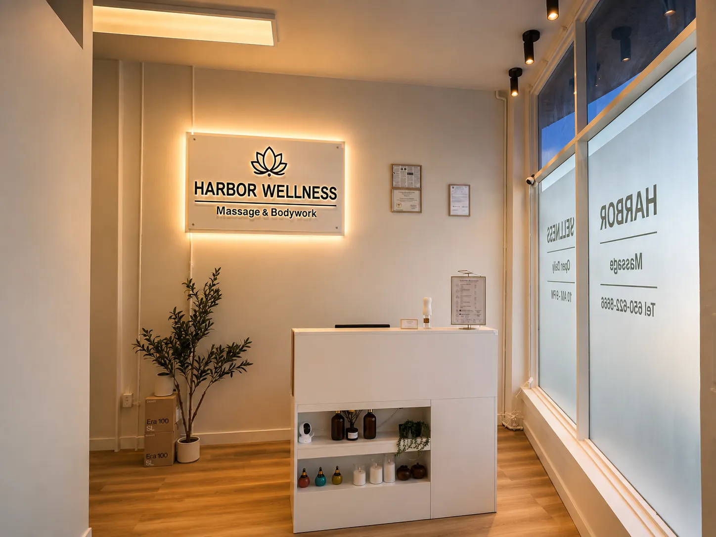 Harbor Wellness Massage reception in San Carlos, warm evening light on the backlit lotus sign