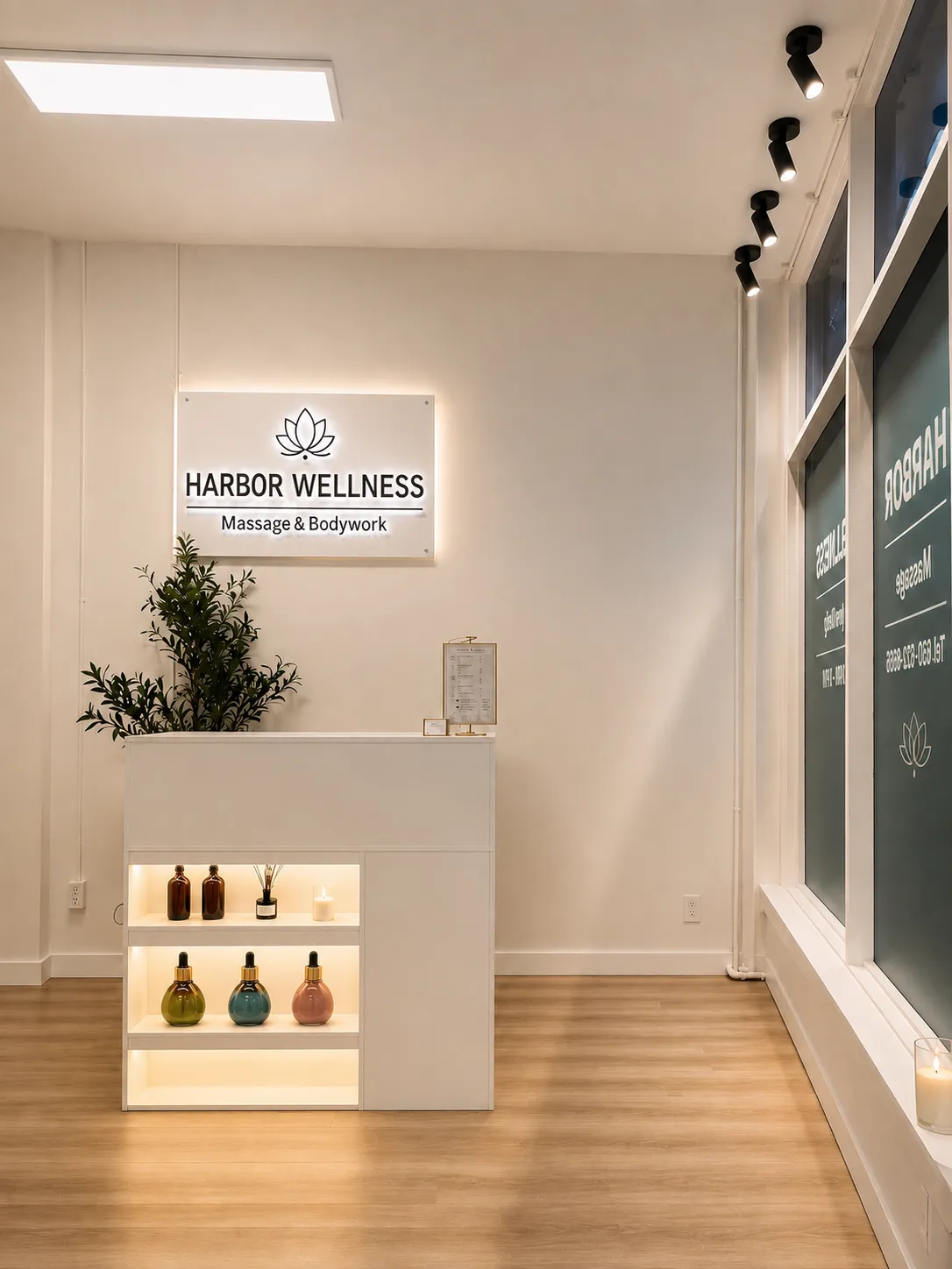 Bright, calm reception at Harbor Wellness Massage